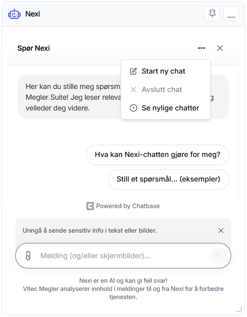 Kontekstmenyen i Nexi-vinduet med valg for plassering og størrelse