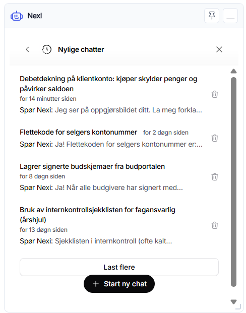 Listen «Nylige chatter» i Nexi-vinduet med tidligere samtaler